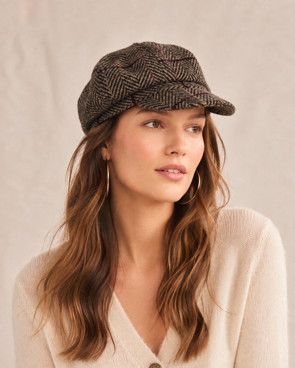 Vintage Wool Blend Newsboy Cap Brown Herringbone Plaid Baker Boy Cabbie Hat
